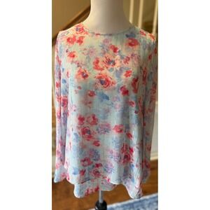 Floral Metallic Stripe Long Sleeve Blouse Ocean Sky Multi Watercolor Top Small